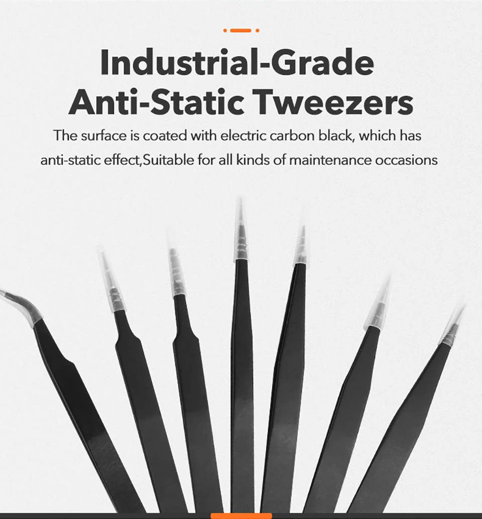 Pinzas electrónicas industriales, juego de herramientas manuales de reparación de teléfono, Punta rectas y curvadas antiestáticas, pinzas de acero inoxidable de precisión