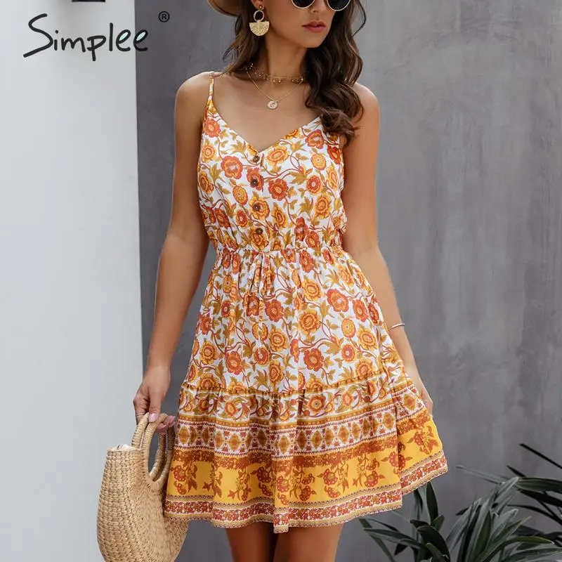 Simplee V-образный вырез цветочный принт boho платье для женщин Спагетти ремень