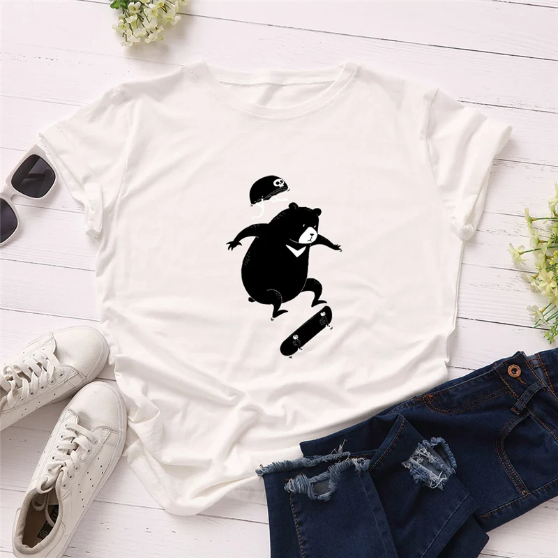 

Plus Size Lovely Bear Skateboard Print T Shirt Women Cotton O Neck Short Sleeve Summer T-Shirt Tee Tops Casual Tshirt Hipster