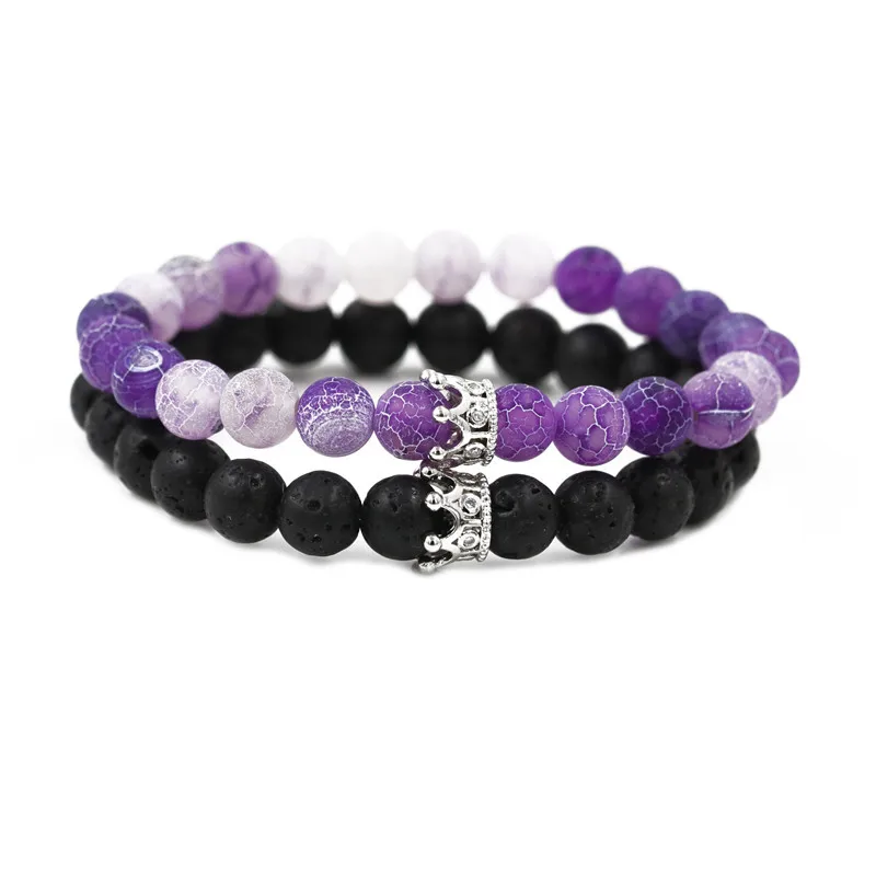 

Micro-inlaid CZ Crown Natural Stone Bracelet Sets Volcanic Lava Stone Bracelet For Women Mens Bracelets 2019 Wholesale