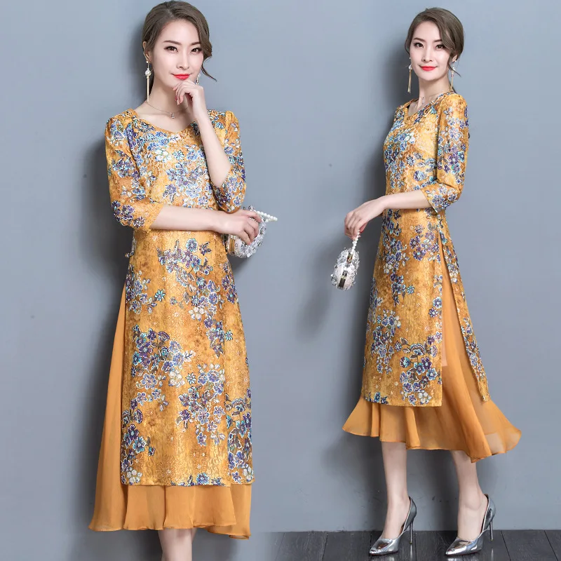 

2018 Spring New Style South Korea Simple Elegant Large Size Dress A- line Big Hemline Fake Two-Piece Floral Printed Dress