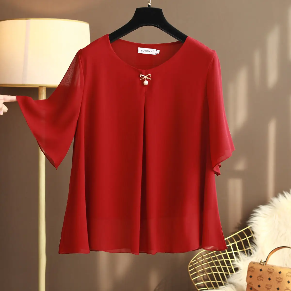 New Summer obesity Women Chiffon Shirt 2022 Summer Half sleeve O-neck  Blouse Casual Solid White/Red Loose Oversize Lady Tops