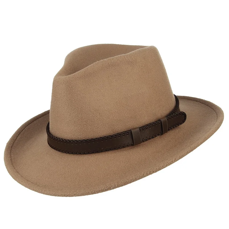 GEMVIE Мужская/Женская шерстяная фетровая шляпа с широкими полями, фетровая шляпа с кожаным поясом, осенне-зимняя ковбойская шляпа для всех сезонов - Цвет: Хаки