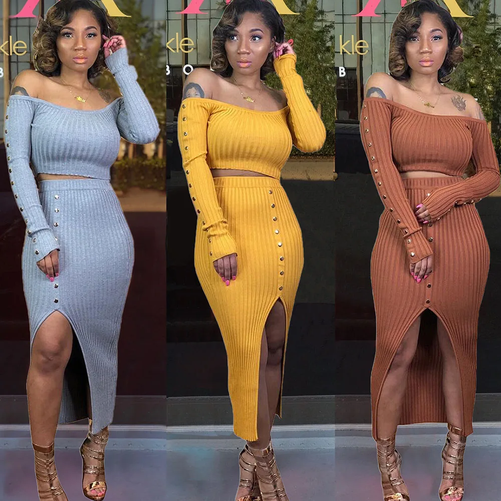 

Ribbed Knit Two Piece Set Women Slash Neck Slim Fit Crop Top Split Long Skirt Set Sexy 2 Piece Club Outfits Matching Sets Rivet