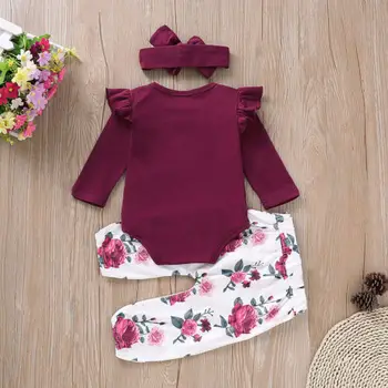 

2020 Toddler Baby Girl Outfit Set 3PCS Bodysuit Floral Print Ruffle Long Sleeve Pants Headwear