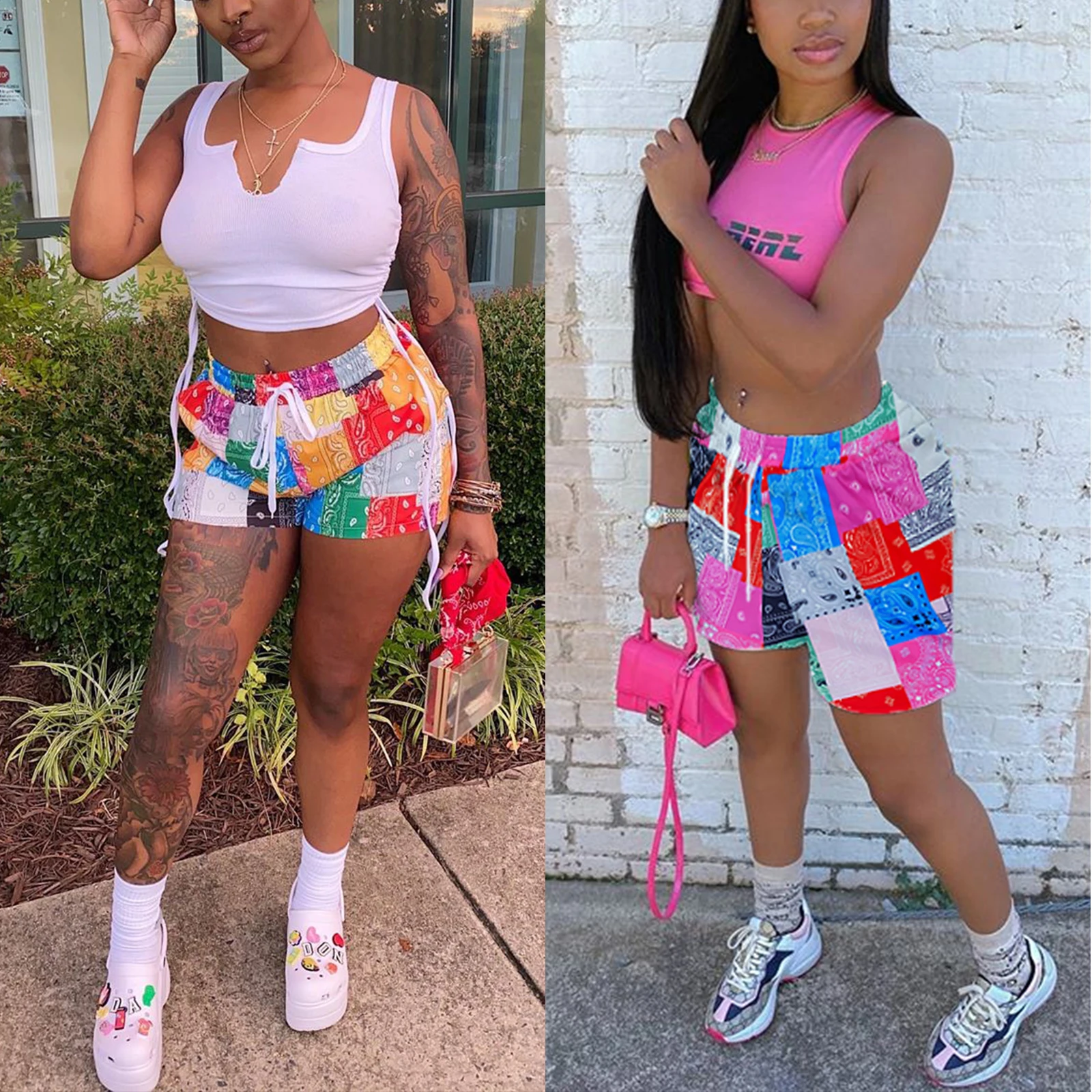 Pantalones cortos con estampado de moda para mujer, pantalón corto con cordón en la cintura, informal, cintura media, retazos, para playa, verano, nuevo pañuelo, 2021