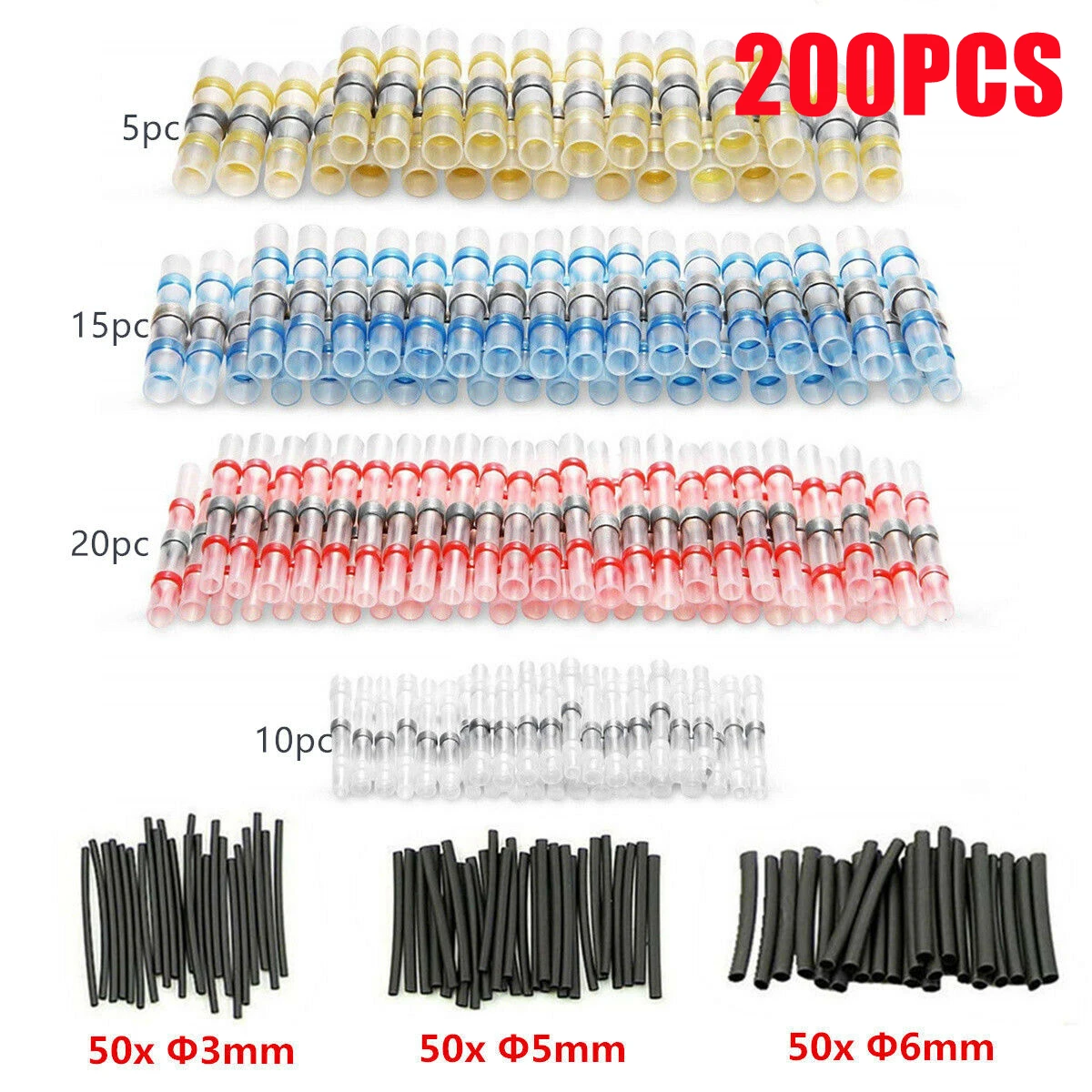 200pcs Waterproof Solder Seal Sleeve Tinned Copper Heat Shrink Butt