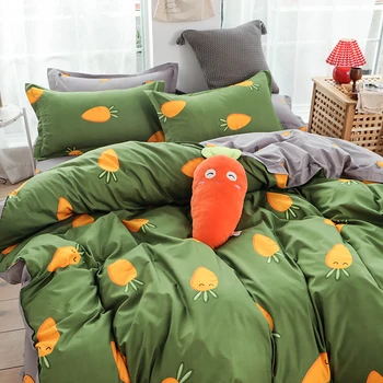 

Cartoon carrot AB side duvet cover + flat sheet + pillowcase home textile 3/4pcs/set bed linen set No quilt