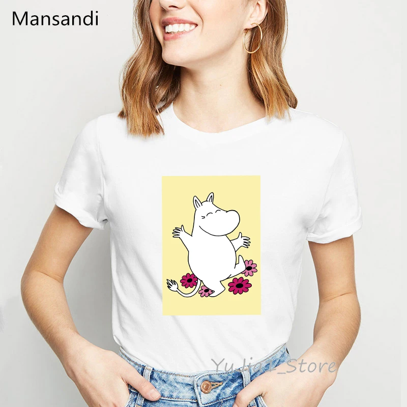 Moomins футболка с мультяшным принтом Женская harajuku kawaii одежда Забавные футболки femme корейский стиль модная футболка женская уличная одежда