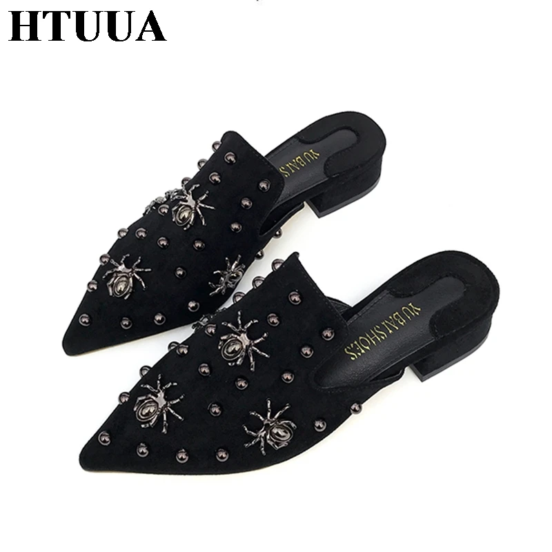 HTUUA/Модная женская обувь из флока с острым носком; женские шлепанцы; туфли без задника на не сужающемся книзу массивном каблуке; женские шлёпанцы с украшением в виде паука; SX3130