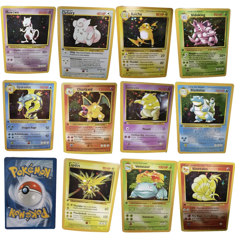 

1996years English French Flash Card Pokemon Cardex Base Set Charizard Pikachu Mewtwo Game Collection Cards Gift Kids Toys