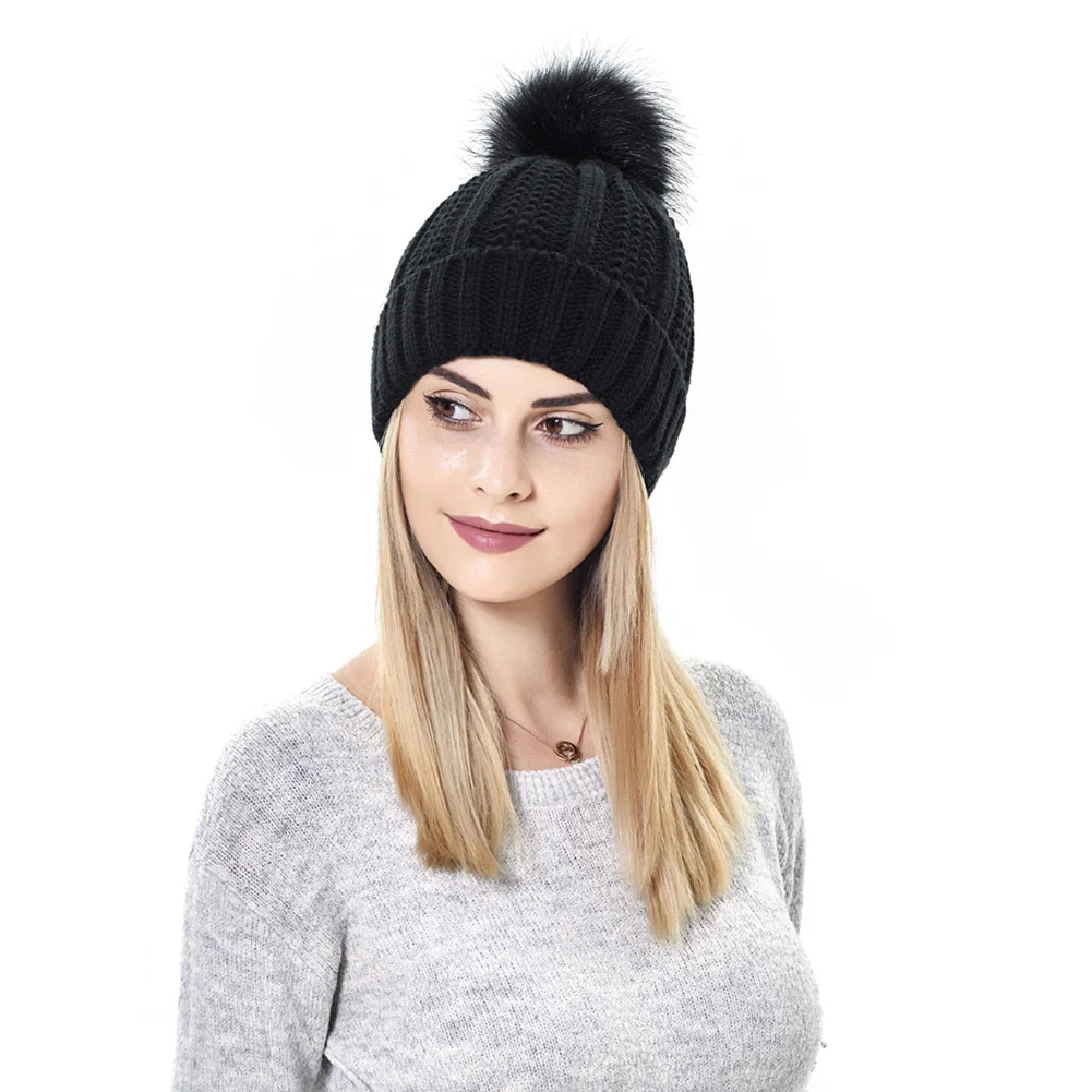 Silk Satin Lined Caps Winter Women Knit Beanie Hats Faux Fur Pompom Hats for Girls