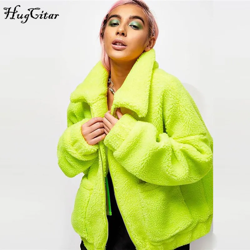 

Hugcitar 2019 long sleeve zip-up Faux lambswool baggy loose coat jacket autumn winter women warm windbreakers outfits