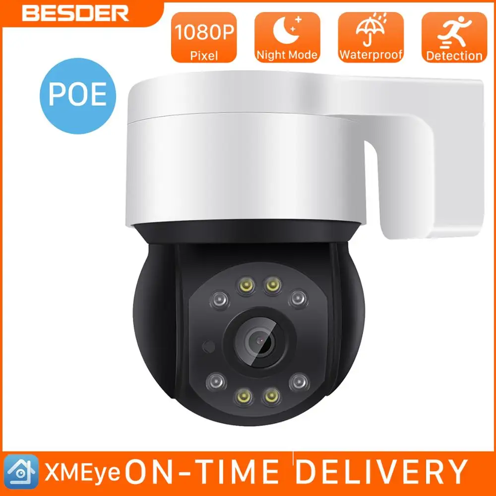 

BESDER 1080P 48V POE Mini PTZ IP Camera SD Card Storage Human Detection Outdoor Dome Camera Audio IR White LED Security Camera