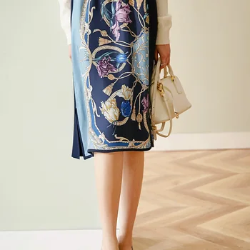 

New Chinese style women s silk skirt printed mulberry silk knitted skirt half skirt A line high waist