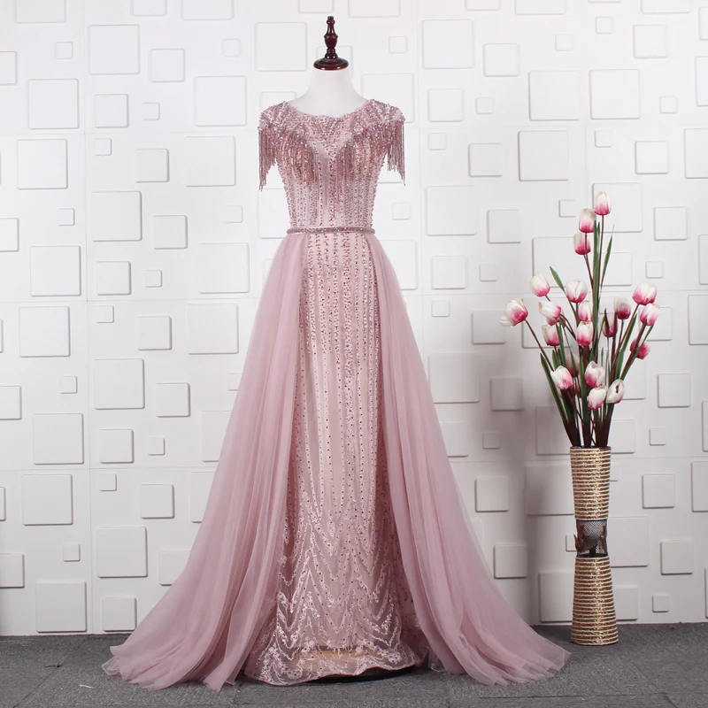 

Luxury Heavy Beaded Crystal Dropping Tassel Evening Dresses Tulle Pink Grey Round Neck Party Dubai Formal Dresses for Women