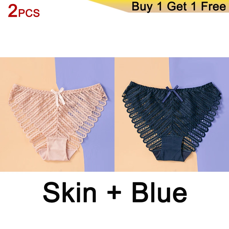 SKIN BLUE DERUILADY, 2 шт., сексуальные кружевные трусики для женщин, удобные хлопковые нижние трусики, Дамское белье, низкая посадка, бесшовное нижнее белье - Цвет: SKIN BLUE