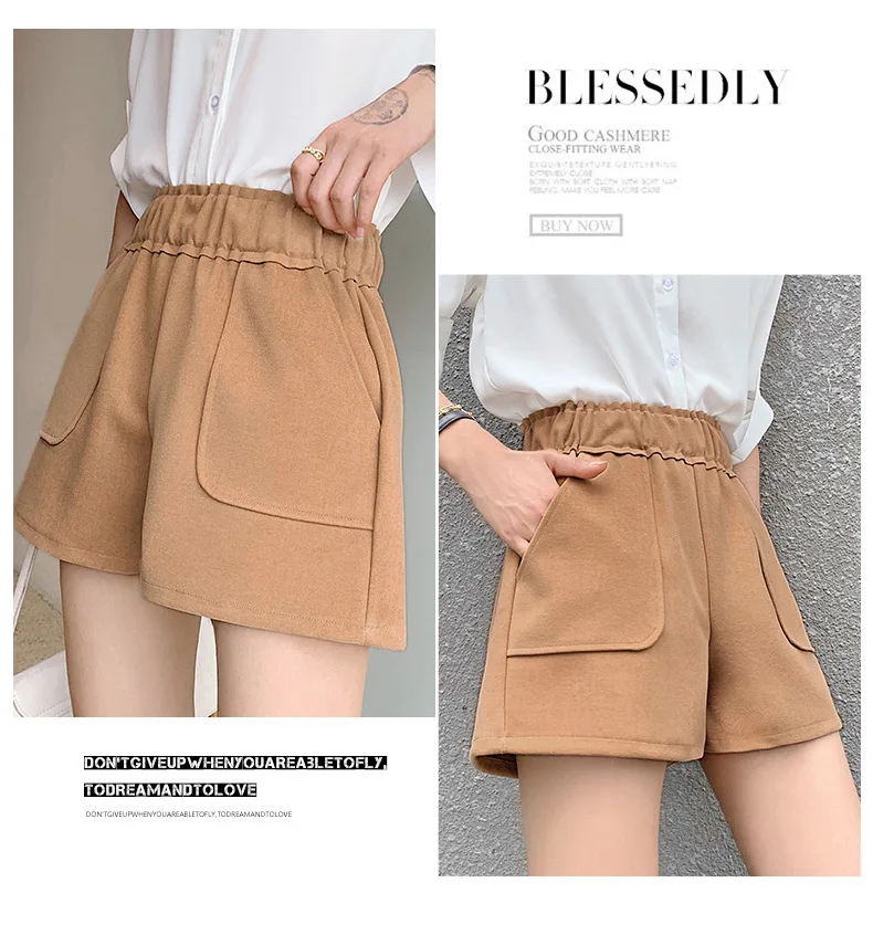 2021 New Spring Autumn British Style Woolen Casual Shorts Black Khaki Brown High Waist Casual Shorts for Woman Shorts short pants