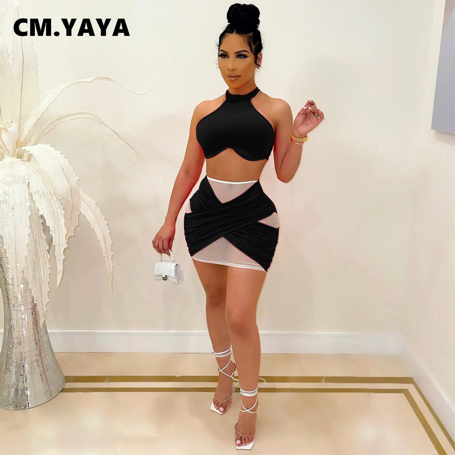 Женский сетчатый комплект CM.YAYA короткий топ и мини-юбка из двух предметов
