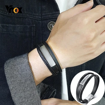 

Vnox Personalized Layered Men's Leather Bracelet Black Braided Leather Bangle Casual Customized Husband Dad Thanksgiving Gift