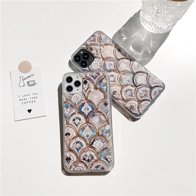 

Fish scale quicksand gold for iphone 11 case iphone 11 Pro xs max x xr cover glitter abstract marble funda iphone 6s 6 7 8 plus