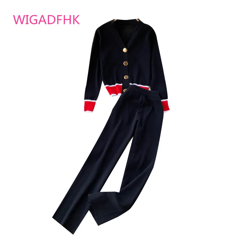 

Korean Slim Long Sleeve Knitted Cardigan Two Piece Suit Wommen Office Leisure Wide Leg Pants SuitNew Elegant Two Piece Set