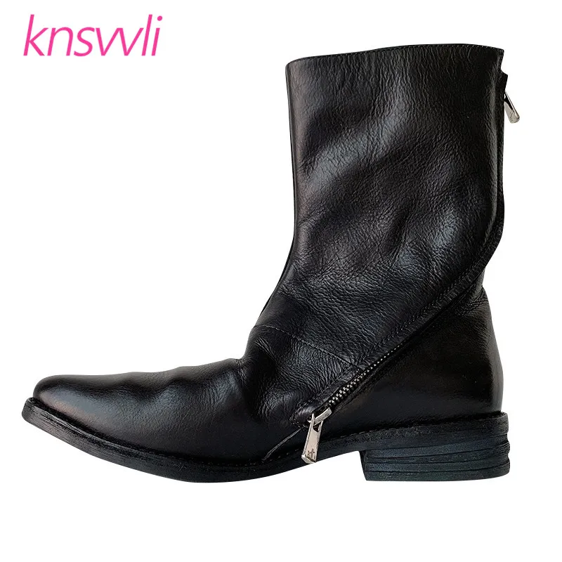 

Knsvvli New Genuine Leather Chelsea Boots Women British Style Side Zipper Short Boots Soft leather Flat Western Cowboy Boots