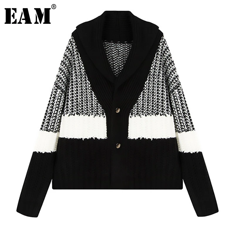 

[EAM] Bit Color Button Knitting Open Stitch Loose Fit Big Size V-Neck Long Sleeve Women New Fashion Autumn Winter 2019 JZ107