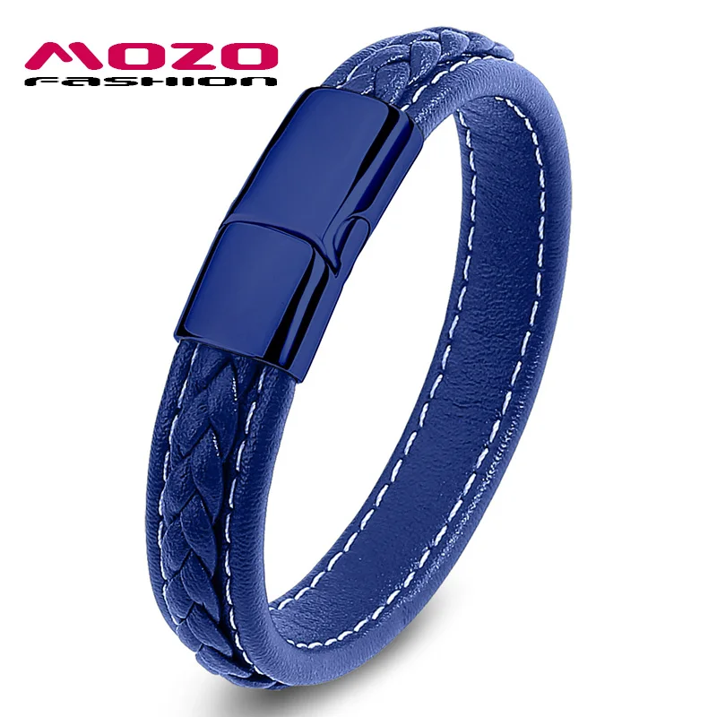 SL010-L New Fashion Punk Men's Jewelry Braided Leather Bracelet Women Handmade Bangles Trendy Stainless Steel Clasp Male Wrist Band - Окраска металла: SL010-L
