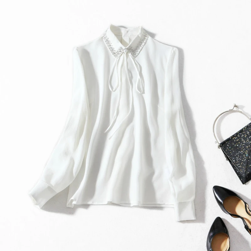 

Womens Tops Black White Blouse Long Sleeve Shirts Real Silk Blouses Elegant Office Wear Blusas Mujer De Moda 2020 LWL1622