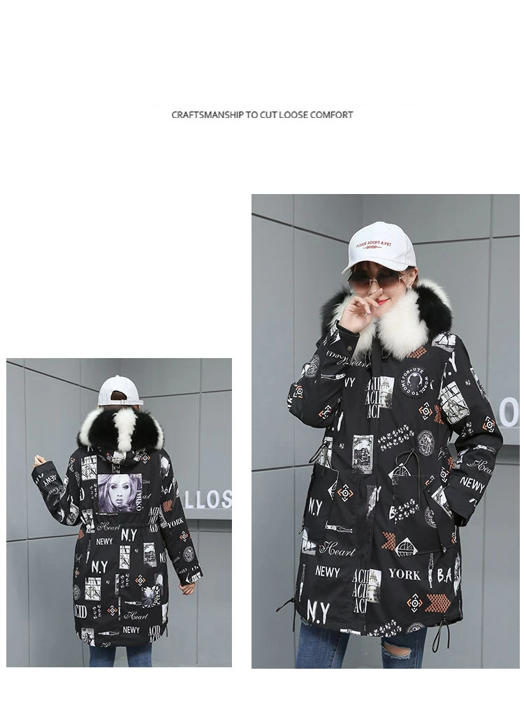 Fur Parkas Highstreet Allover Printed Real Fox Fur Collar Hooded Rabbit Fur Lining Long Coat Women Winter Casual Plus Outwear