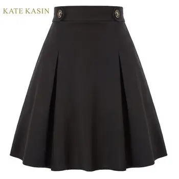 

Kate Kasin Pleated A-Line Skirt Women High Waist Skater Skirts Buttons Decorated Flared A Line Skirt Vintage Swing Skirt Female