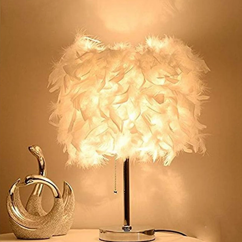 Feather Shade Metal Table Lamp Bedside Desk Vintage Night Light Christmas Decor Soft Vintage Bedroom Study Room Eu Plug Modern C