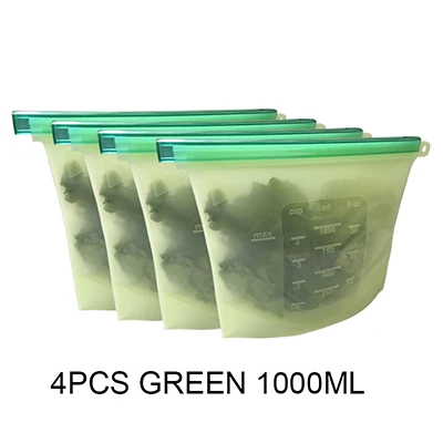 4pcs green 4 шт 1000 мл/1500 мл силиконовый мешок многоразовый силиконовый мешок для еды Zero отходов Ziplock сумка для хранения продуктов холодильник свежие сумки Organiz - Цвет: 4pcs green
