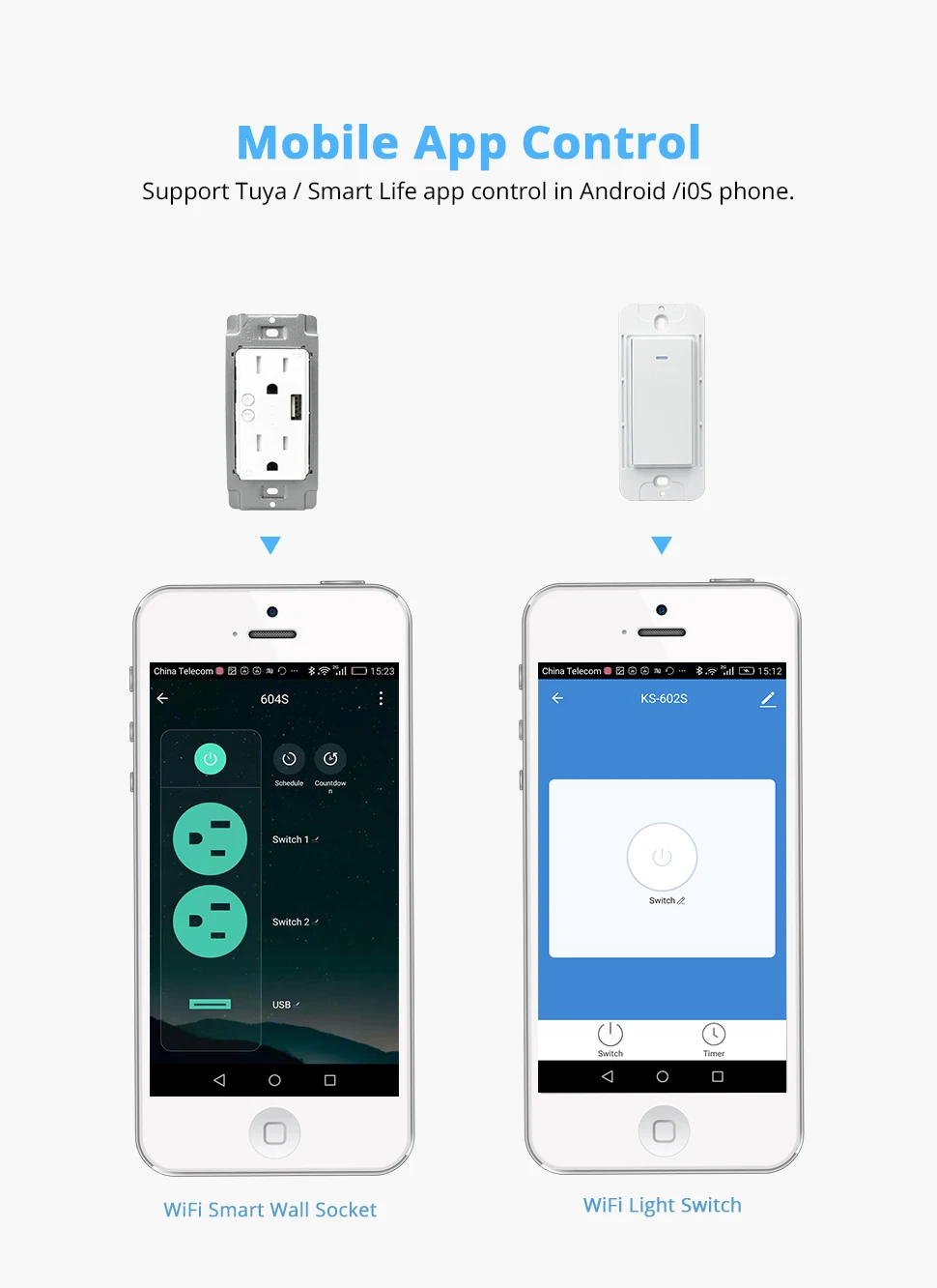 WiFi Light Switch with USB Port Outlet US 2 gangs Tuya Control Alexa