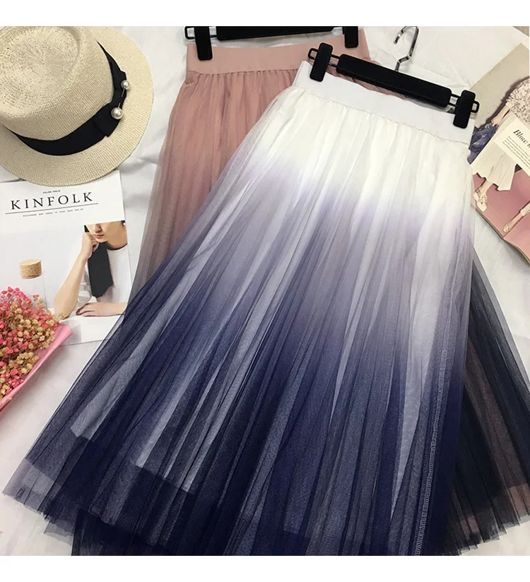 Длинная женская юбка из тюля, осень, Корейская элегантная плиссированная юбка средней длины с высокой талией