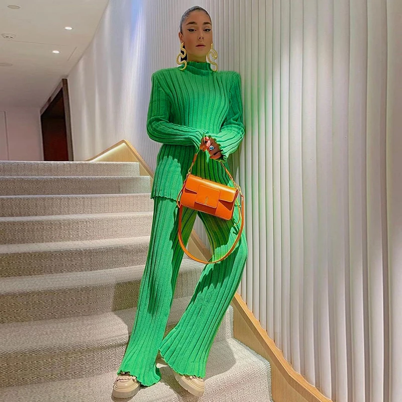 Fashion Ribbed Women's Turtleneck Sweater Green Long Sleeve Shrugs Knitwear Jumper Female Knitted Tops 2025 Autumn Winter