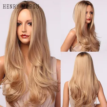 

HENRY MARGU Light Blonde Ombre Wavy Wigs Long Synthetic Middle Part Hair Wigs Natural Cosplay Wigs for Women Heat Resistant