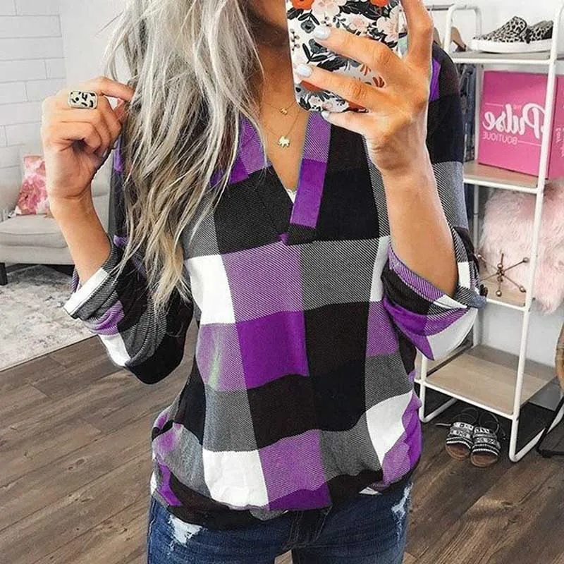 V-neck Purple ELSVIOS размера плюс с v-образным вырезом клетчатая рубашка с принтом женские осенние свободные топы с длинным рукавом элегантные женские офисные блузки S-5XL - Цвет: V-neck Purple