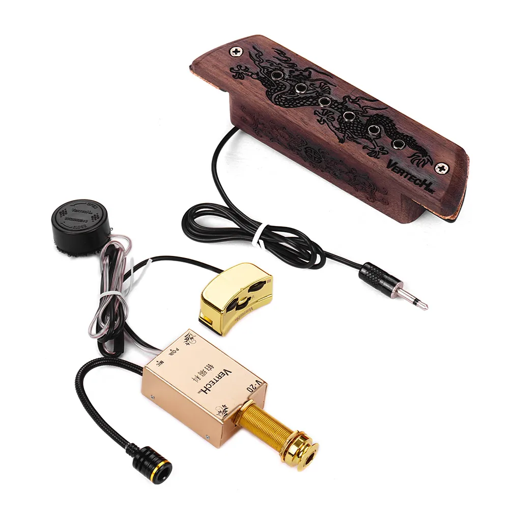 

V-20 Wooden Active Guitar Soundhole Pickup Transducer+ Microphone Dual Pick-up Ways with 6.35mm Endpin Jack Volume Controls