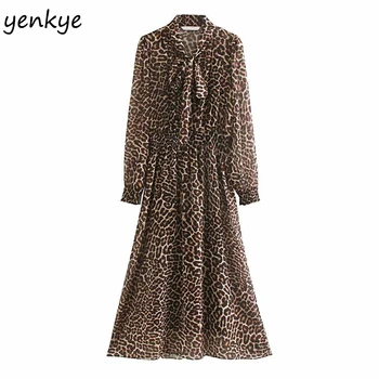 

Elegant Women Vintage Leopard Print Long Dress Bow Tie Collar Long Sleeve Elastic Waist A-line Chiffon Dress Autumn vestidos