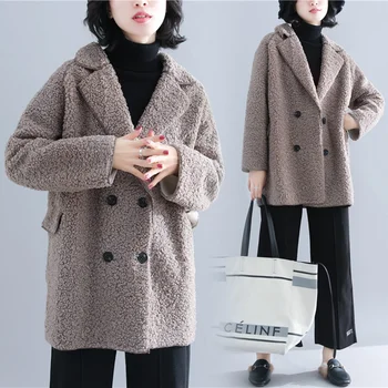 

Woman faux fur coats winter vintage tailored collar double-breasted warm fleece lambs wool teddy coat fluffy jacket plus size