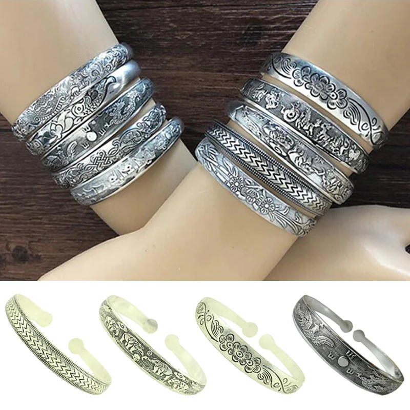 Vintage Cuff Bracelet Tibetan Silver Plated Carved Flower Geometric Animal Opening Bangle Adjustable Indian Jewelry Gift Women bangle bracelet