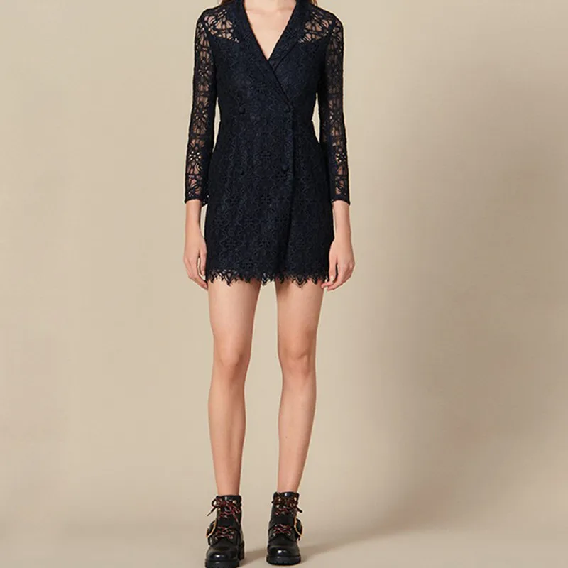 

Lace Notched Double Breasted Dress Hollow Out Solid Color Long Sleeve Mini Dress