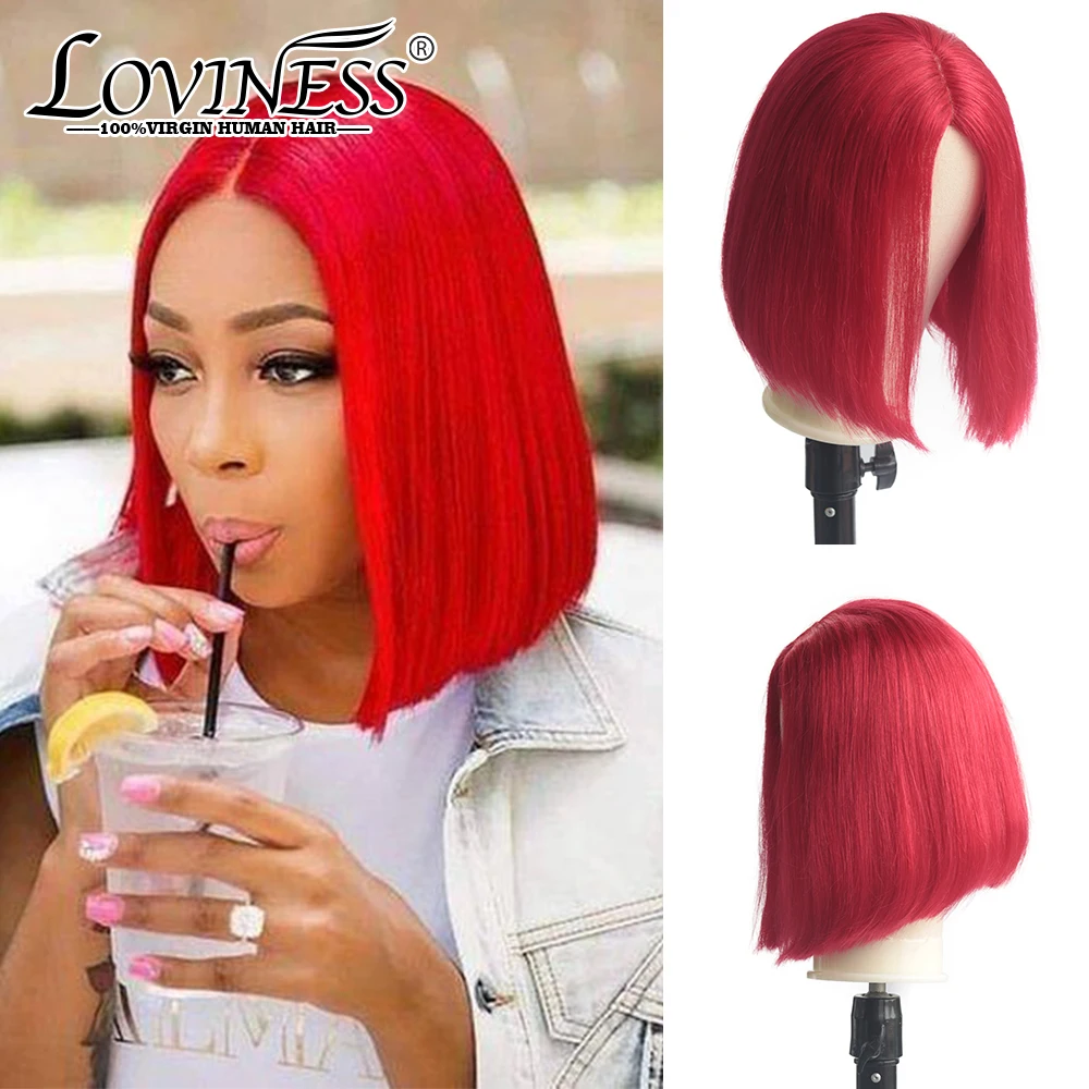 Red Bob Wig Human Hair Colored 180 Density Straight Middle Part No Lace Front Human Hair Wig Glueless Brazilian Remy Bob Cut Wig