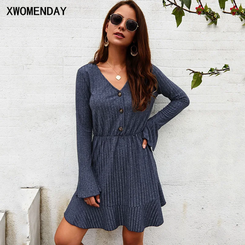 

Knitted Pit Dress Autumns Women Long Sleeve Fashion V Neck Buttons Clothing Dresses Female Short Red Ladies Dress Jumper