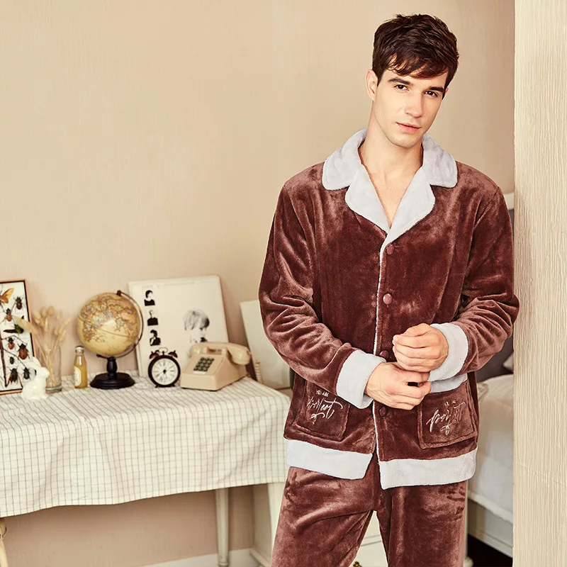 2019 New Style Men's Pajamas Set Autumn Winter Warm Flannel Thicken Male Pajamas Sets Long Sleeve Sleepwear Top +Pant Leisure