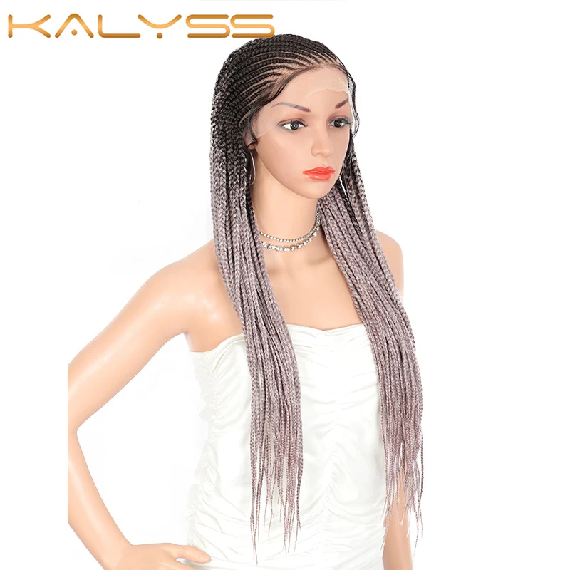 US $107.99 Kalyss 30 Inches Handmade Cornrow Braided Wigs Synthetic 13X6 Lace Front Wig Side Part Box Braids Wigs With Baby Hair Purple