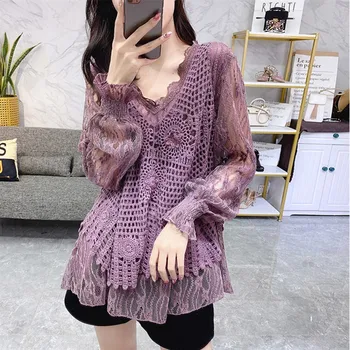 

Plus Size Women's Clothing Fashion Two-Piece Set 2020 Spring Autumn Western Style Hollow Lace Female Knitted Elegant Retro Top