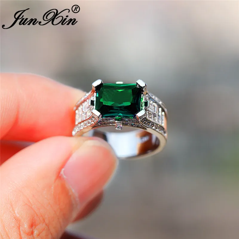 Роскошные Хрустальные Зеленые Синие каменные прямоугольные кольца для мужчин и женщин 925 серебряного цвета винтажные циркониевые обручальные кольца мужские женские ювелирные изделия - Цвет основного камня: Green Ring